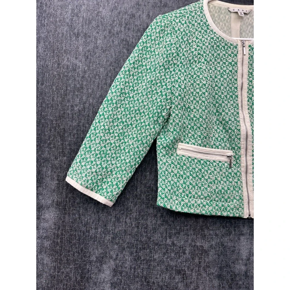 Cabi Cropped Jacket Womens 6 Green White Textured Tweed 3/4 Sleeve Full Zip‎